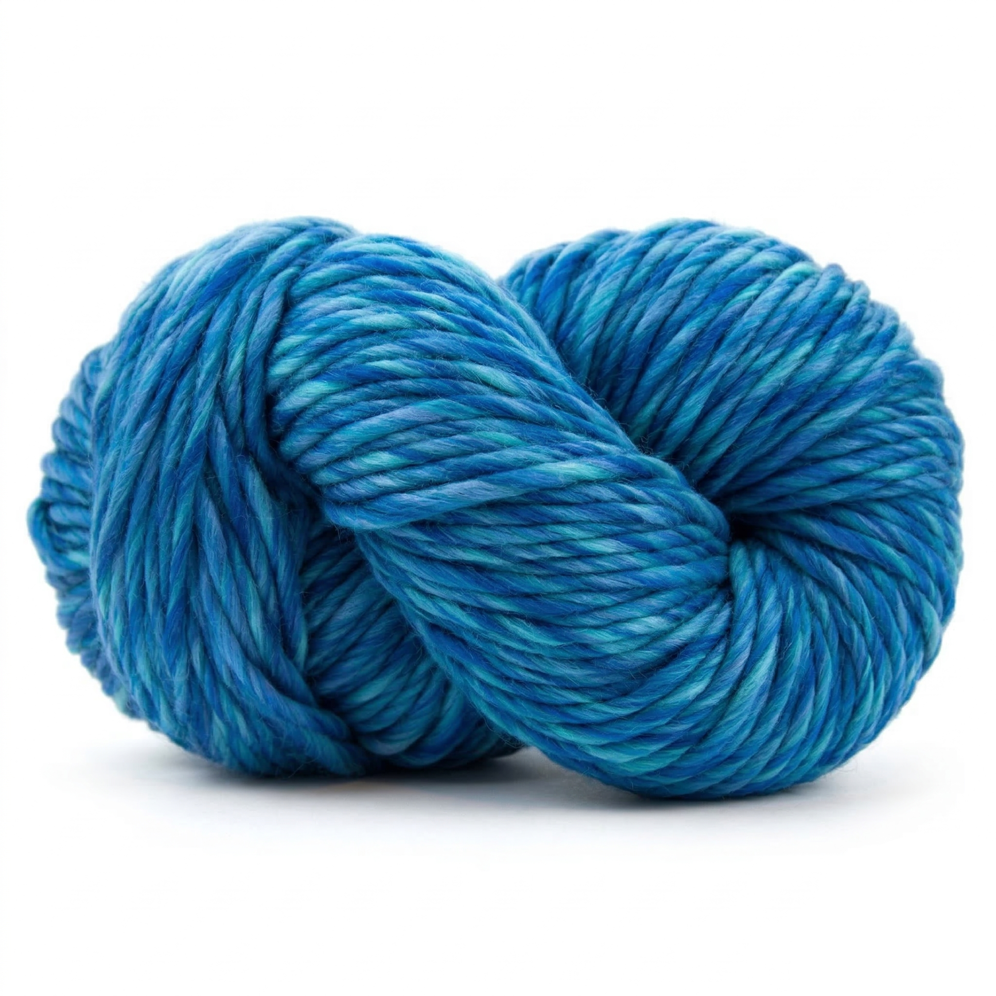 Tranquil super bulky multicolor merino wool yarn skein in a soft twisted pose on a light neutral background.