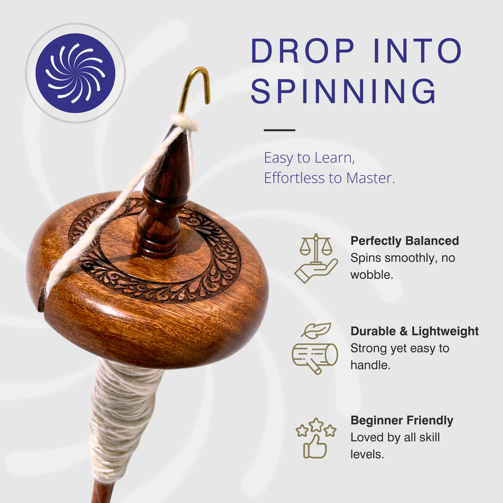 Revolution Fibers top whorl drop spindle with engraved wood design, highlighting its balance, lightweight durability, and beginner-friendly spinning experience.