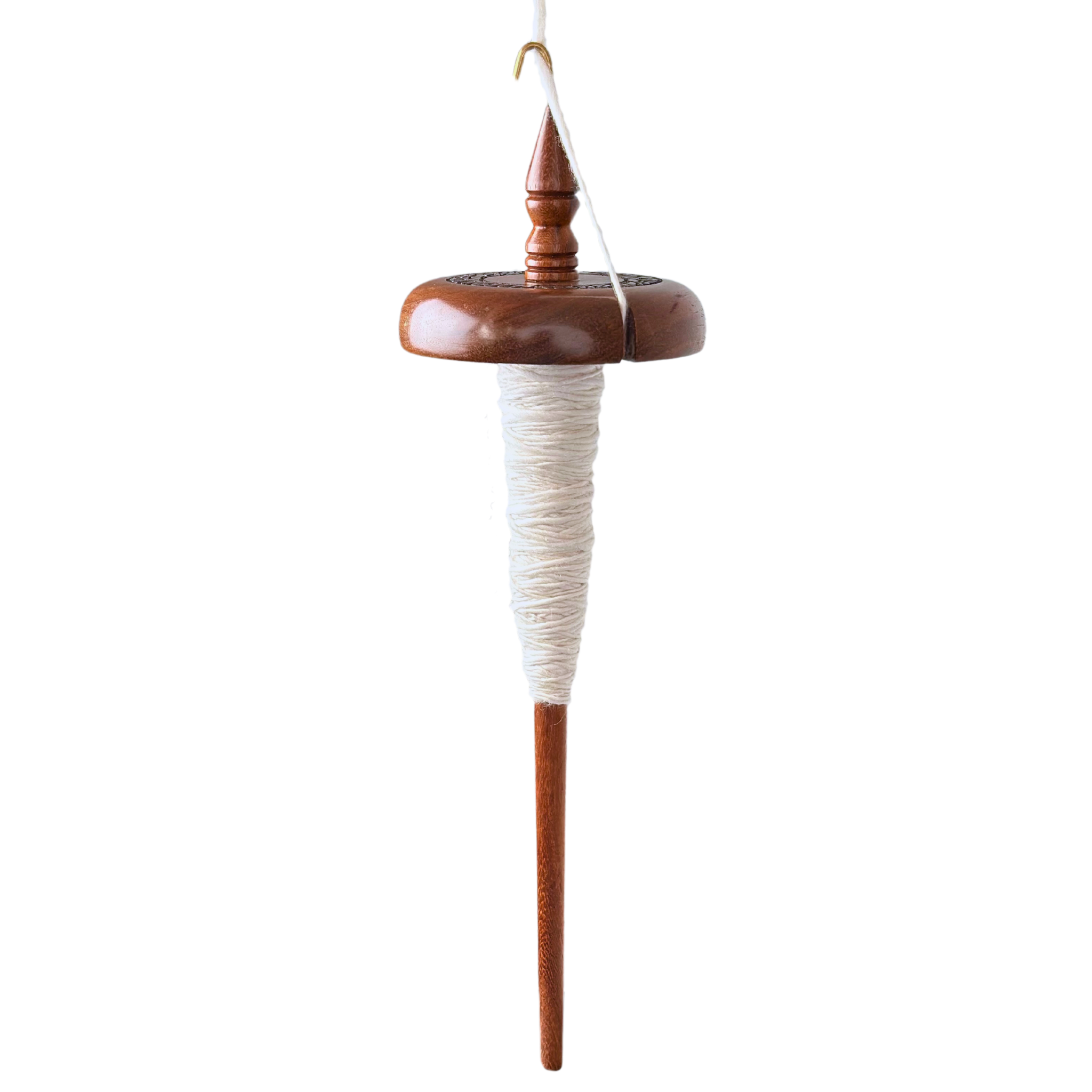 Revolution Fibers top whorl drop spindle with a smooth wooden finish, designed for beginner and expert hand spinners to create high-quality yarn.