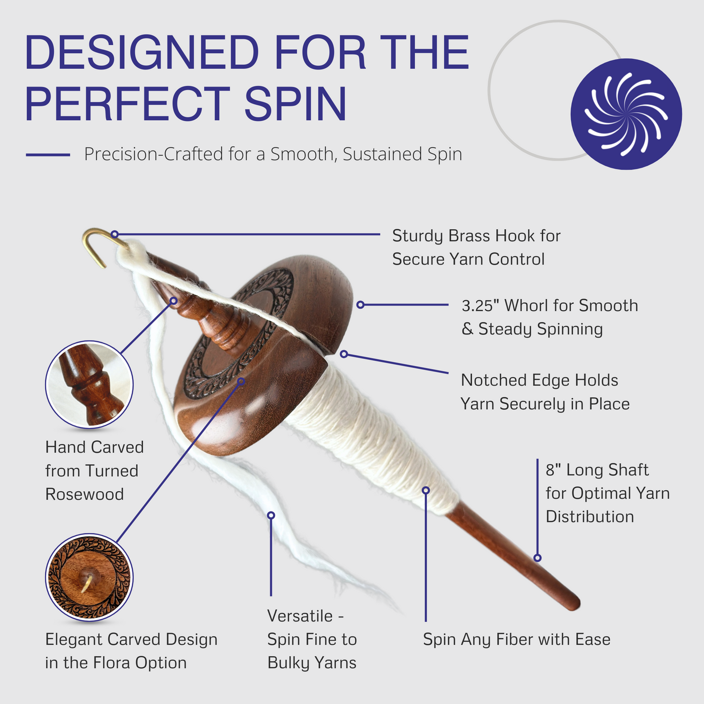 Revolution Fibers top whorl drop spindle with engraved wood design, featuring a sturdy brass hook, 3.25" whorl for smooth spinning, 8" shaft for balance, and a notched edge for secure yarn placement.