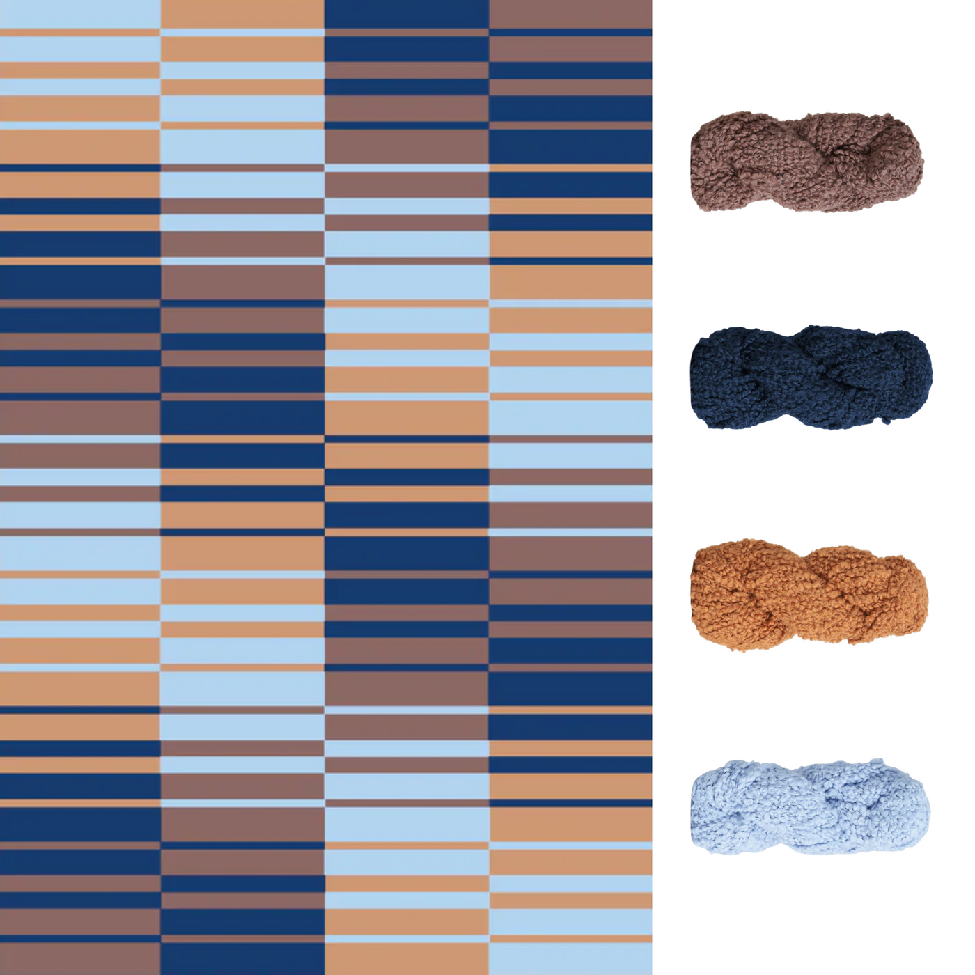 Sapphire Horizon Accoloration Blanket Kit highlighting vibrant shades of sandstone, lapis, jasper, and opal Lanalpaca yarn in a bold striped gradient.