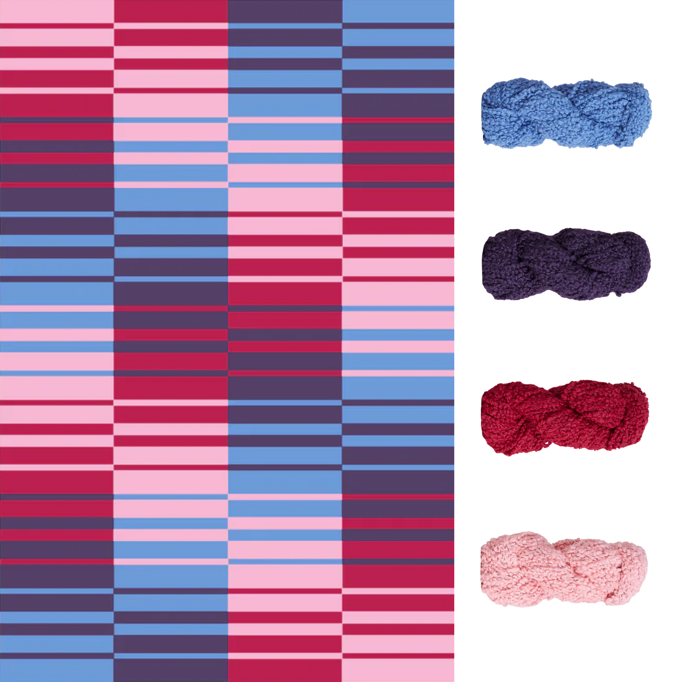 Crimson Sky Accoloration Blanket Kit featuring Lanalpaca Yarn in Cobalt, Amethyst, Garnet, and Quartz. Includes detailed instructions and materials for creating a reversible gradient throw.