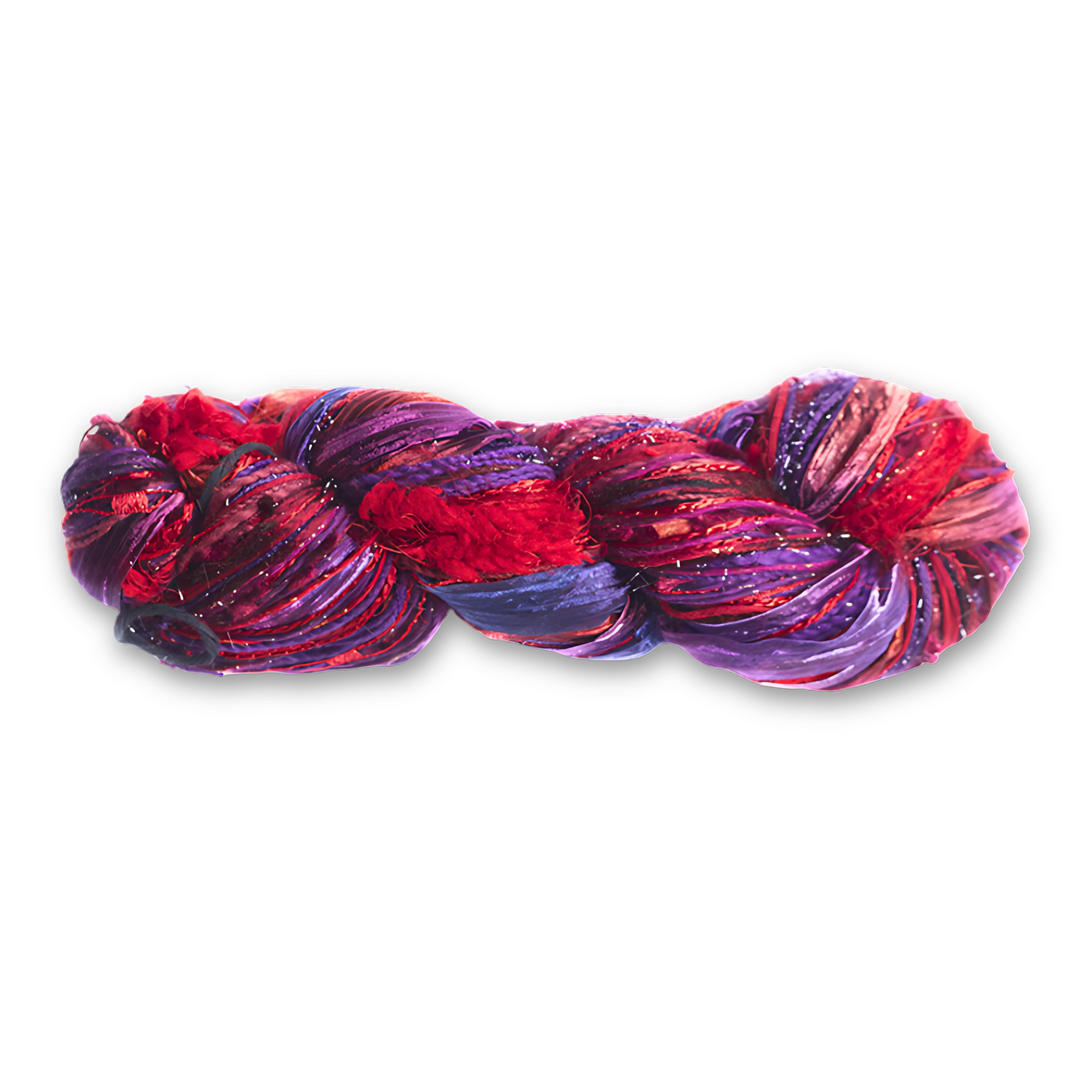 Feza Alp Premier Yarn in Venus Mist – Color Number 429. Vibrant reds and purples with dusky neutral rose undertones and soft shimmer. Novelty, multi-color, multi-texture yarn.