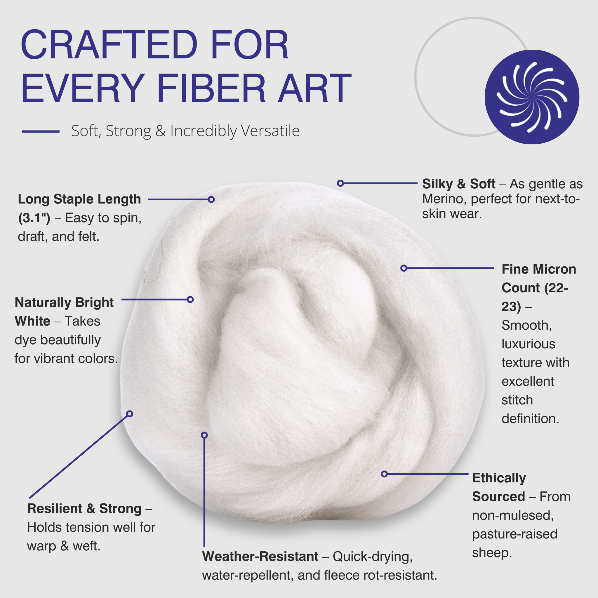 White Polwarth Top – Premium undyed wool for spinning, weaving, felting, and dyeing. Features long staple length (3.1"), fine micron count (22-23), silky softness, resilience, and water resistance. Ethically sourced from non-mulesed sheep. Perfect for fiber artists and crafters.