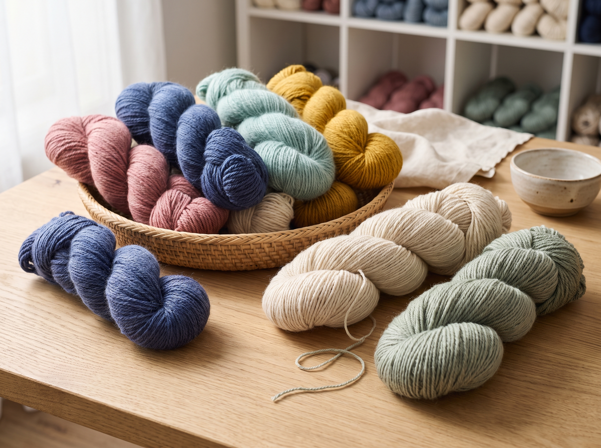 Colorful skeins of premium yarn arranged in a woven basket and across a sunlit wooden table.