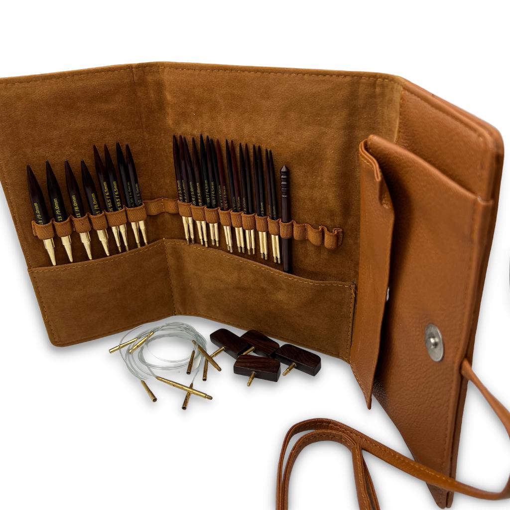 Premium 3.5 Inch Rosewood Interchangeable Circular Knitting Needle Set w/ Leather Case (29 Piece Set)-Knitting Needle Set-Revolution Fibers-Revolution Fibers