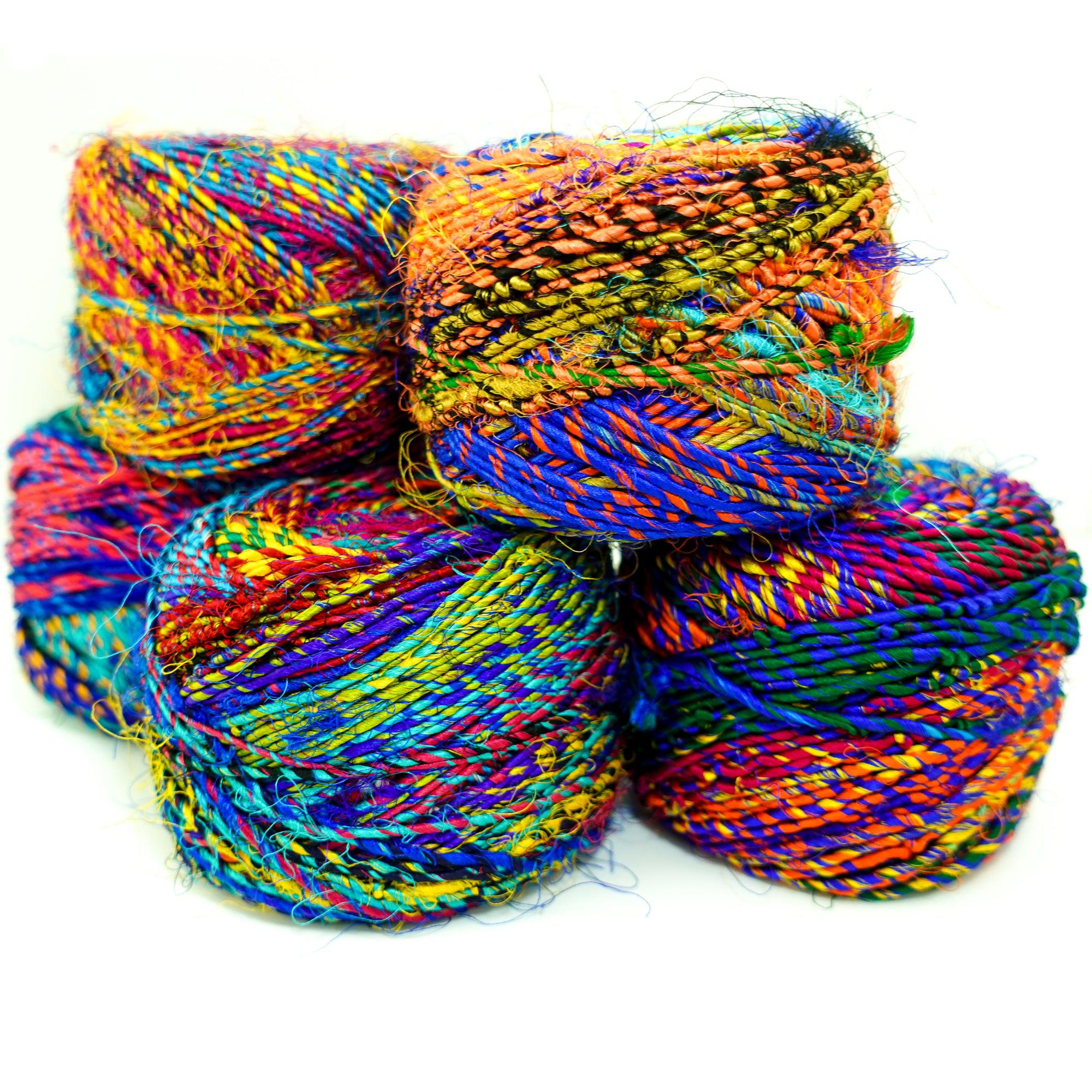 Revolution Fibers Multi-Color Recycled Sari Silk Yarn, Handspun Sari Fabric Scrap Yarn Cakes | 100 Grams per Ball-Yarn-Revolution Fibers-2-Pack-Revolution Fibers