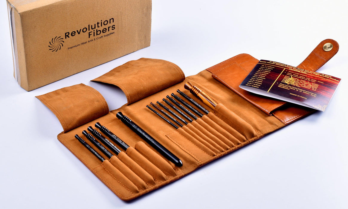 Premium Ebony Wood Crochet Hooks Set with Leather Carrying Case | 13 Crochet Hooks Size US E - P-Crochet Hook Set-Revolution Fibers-Revolution Fibers