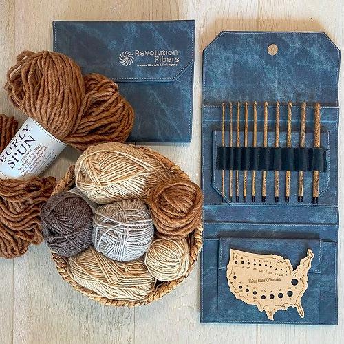 Revolution Fibers Artisan Ebony Wood Crochet Hooks Set with Leather Carrying Case - Incl. 13 Crochet Hooks Size US E - P | Premium Set, Portable, Perf